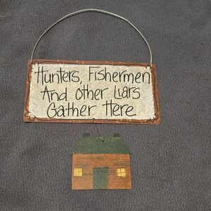 Rustic Wooden Sign with Hanging Cabin
